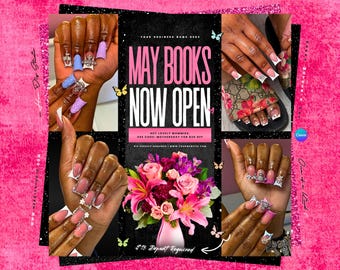 May include: A promotional image for nail services, featuring multiple close-up shots of manicured hands with various nail designs. The central text reads "MAY BOOKS NOW OPEN" with additional details about a discount. The background is a vibrant pink.