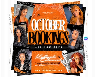 May include: A promotional flyer for October bookings featuring a collage of six different hairstyles on individuals, an orange background with spiderweb and pumpkin graphics, a skeleton illustration, and the text October Bookings Are Now Open.