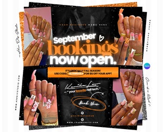 May include: A promotional graphic for nail services featuring four images of manicured hands with long, decorated nails. The text reads September bookings now open, It's officially fall season, use code GLAMNAILS for $$ off your appt, and Book Now.