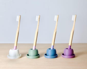 Minimal Toothbrush Holder With Tray - Modern Sleek Japandi Brush Stands - Low Profile Bathroom Accessories - Perfect Housewarming Gift