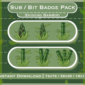 May include: A set of six digital badges featuring illustrations of bamboo plants in various stages of growth. The badges are labeled "Shining Bamboo" and come in three sizes: 72x72 pixels, 36x36 pixels, and 18x18 pixels.