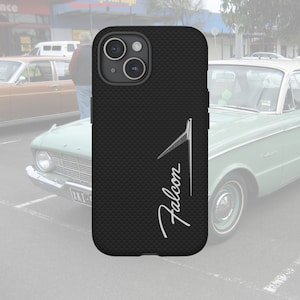 May include: Black phone case with a carbon fiber texture and a silver 'Falcon' logo. The case is designed for an iPhone.