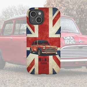 Mini Cooper-telefoonhoesjes, legendarisch Mini Cooper-telefoonhoesje, vintage telefoonhoesje met Engelse vlag, klassieke mini, cadeau voor Mini Cooper-enthousiastelingen