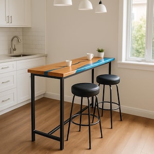 Tavolo da bar in rovere con bordo vivo – Tavolo da bar in resina epossidica blu River Pub con base in metallo