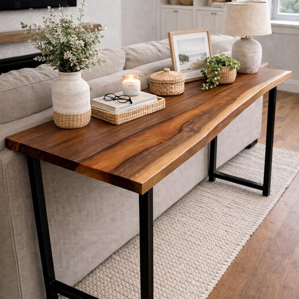 Behind Couch Table, Live Edge Walnut Sofa Console, Narrow Epoxy Table, Custom Hallway Furniture