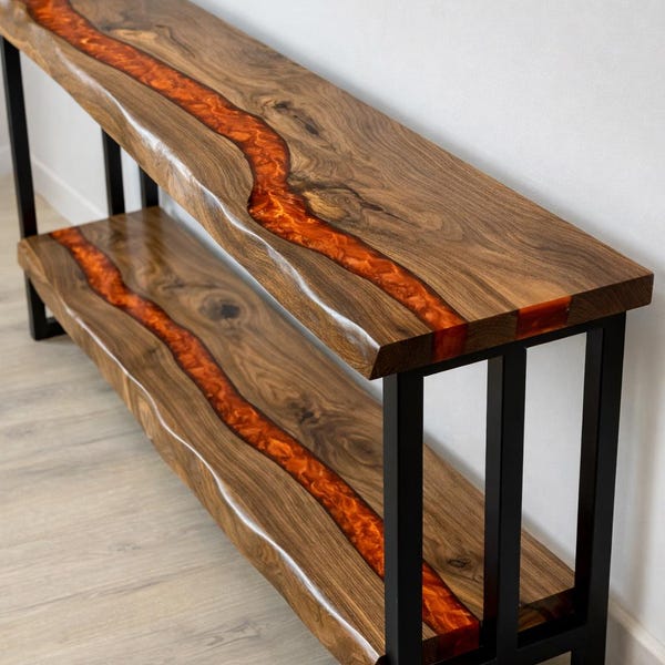Narrow Console Table, Walnut Live Edge Entryway Table with Shelf