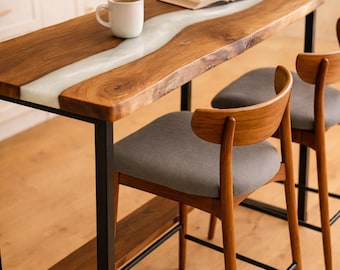 Walnut Epoxy Bar Table with Footrest, Custom Counter Height Breakfast Bar, Metal Base