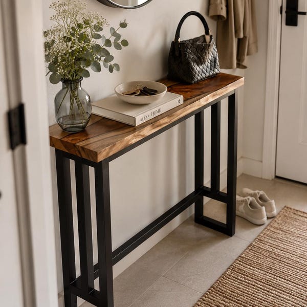 Narrow Console Table – Slim Walnut Sofa Table, Live or Straight Edge
