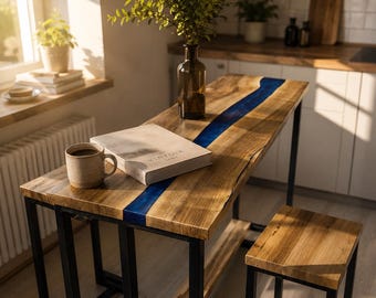 Mesa de mostrador de nogal con reposapiés – Mesa de bar delgada de epoxi cobalto para apartamento