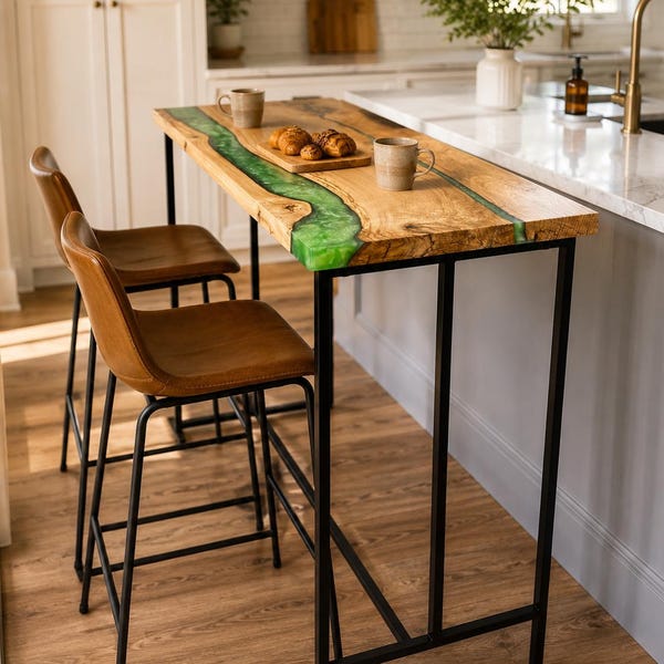 Counter Height Kitchen Island – Oak Epoxy Breakfast Bar with Footrest, Custom Size