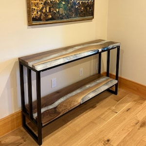 walnut console table with shelf, live edge epoxy hallway table, narrow entryway or sofa table, white smoke resin modern wood & metal console
