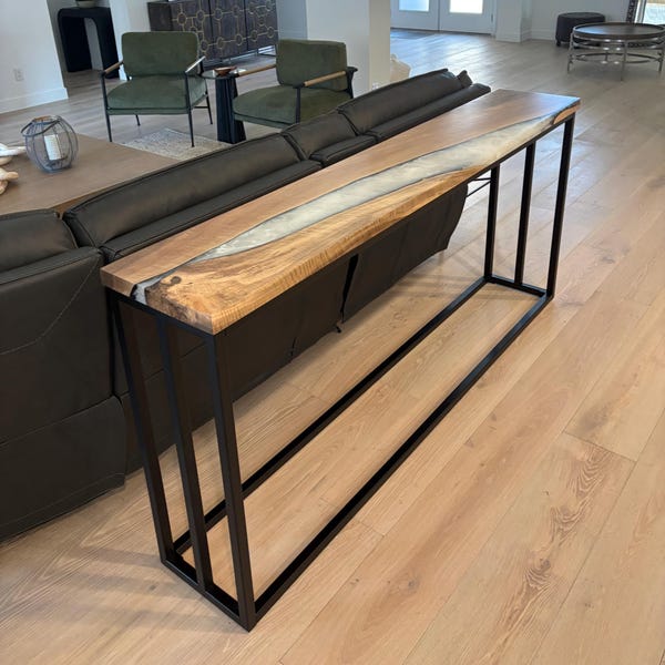 Narrow Walnut Console Table – Epoxy Entryway Table, Slim Behind Sofa Table with Metal Base