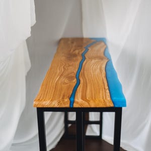live edge oak bar table – blue epoxy resin pub height table – kitchen bar table – custom industrial bar table with metal legs