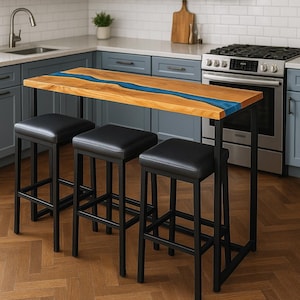 Live Edge eiken bartafel – epoxy Blue River – toonbankhoogte