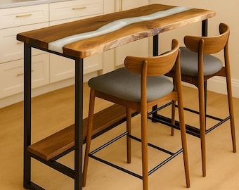 Mesa de bar de nogal con reposapiés – Barra de desayuno con borde natural para cocinas pequeñas