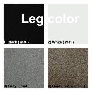 K&ouml;nnte beinhalten: Bild mit vier Farboptionen f&uuml;r Beine: Schwarz, Wei&szlig;, Grau und Goldbronze. Jede Farbe wird in einem Quadrat mit dem Farbnamen und der Ausf&uuml;hrung 'matt' darunter angezeigt. Das Wort 'Leg' steht in Wei&szlig; auf einem schwarzen Quadrat.