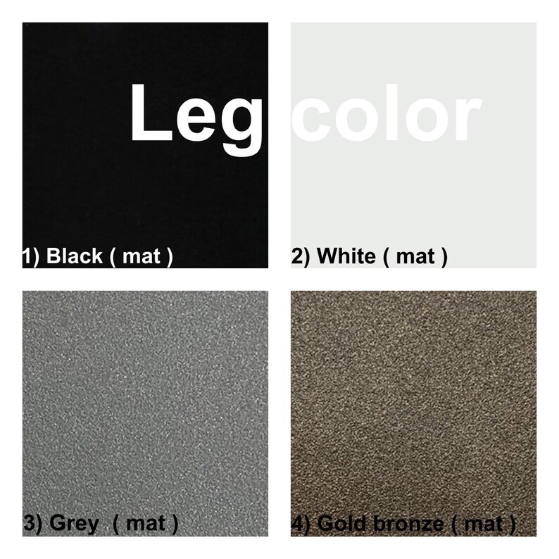 K&ouml;nnte beinhalten: Bild mit vier Farboptionen f&uuml;r Beine: Schwarz, Wei&szlig;, Grau und Goldbronze. Jede Farbe wird in einem Quadrat mit dem Farbnamen und der Ausf&uuml;hrung 'matt' darunter angezeigt. Das Wort 'Leg' steht in Wei&szlig; auf einem schwarzen Quadrat.