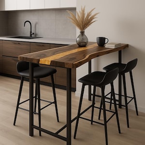 Live Edge Walnut Epoxy Bar Table – Counter/Pub Height Breakfast Bar, Custom Sizes, Metal Base