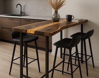 Barra de desayuno de nogal con borde natural – Mesa alta personalizada, resina epoxi, base de metal