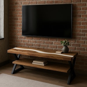 エポキシリバーウォールナットテレビスタンド - ローメディアコンソール、メタル脚、棚収納