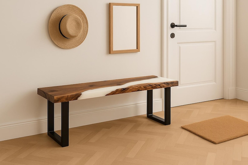 Live Edge Walnuss-Bank mit Epoxy River, handgefertigter Eingangssitz Bild 4