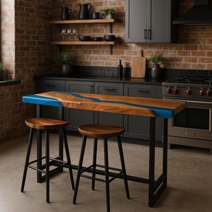 Tavolo da bar in rovere con bordo vivo – Epossidico blu, altezza bancone/bar – Legno e metallo moderni