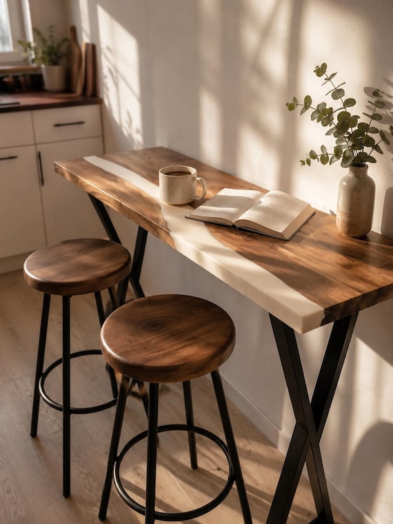 Weiß Epoxy Schmaler Esstisch - Walnuss Thekenhöhe Frühstücksbar, Kleiner Küchentisch