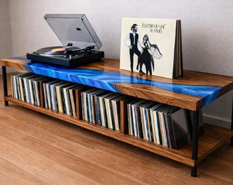 Walnut Record Storage Console – Epoxy Vinyl LP Cabinet, Turntable Stand & Media Unit