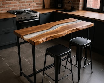 Walnoothouten aanrechttafel – Live Edge epoxy keukeneiland, ontbijtbar met metalen voet