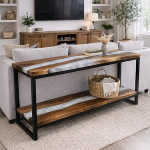 Handmade walnut epoxy console table behind sofa with shelf, narrow entryway sofa table with black metal frame, white smoky resin inlay, modern living room furniture