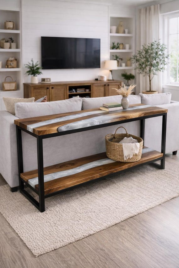 Walnut Epoxy Console Table with Shelf, Custom Size, Metal Base