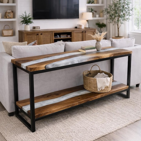 Console Table with Shelf – Narrow Walnut Sofa Table, White Smoke Epoxy, Custom Size
