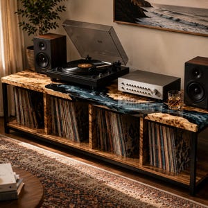 Record Player Stand with Ocean Resin – Vinyl Storage Cabinet, Epoxy Turntable Console with Metal Base