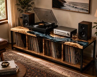 Record Player Stand with Ocean Resin – Vinyl Storage Cabinet, Epoxy Turntable Console with Metal Base
