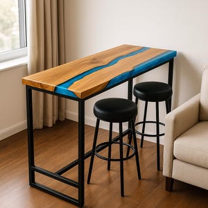 tavolo da bar in rovere con bordo vivo – legno massello epossidico river, altezza pub/bancone, base in metallo, personalizzato