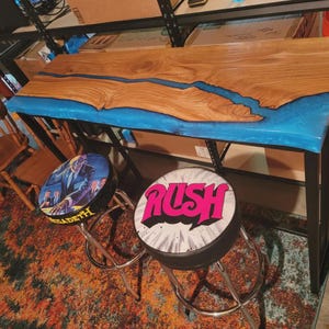 bar table – live edge oak epoxy – solid wood pub height table – handmade kitchen bar – modern wood & metal – custom size