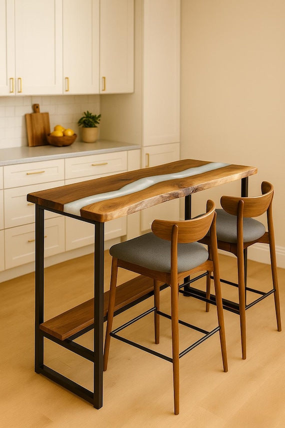 Walnut Bar Table with Footrest – Live Edge Breakfast Bar for Small Kitchen