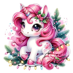 Pink Christmas Winter Unicorn Clipart 10 JPG Christmas Tree, Watercolor Baby Unicorn Winter Holidays, Digital Paper Craft, Junk Journal