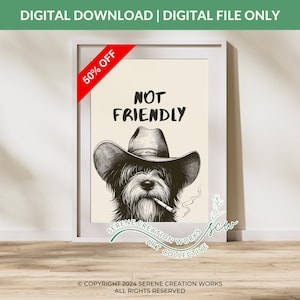 Not Friendly Cowboy Dog Black Art Print, Vintage Art, Retro Print, Blue Wall Art Dog, Western Dog Print, Trendy Decor, Digital Download, Dog