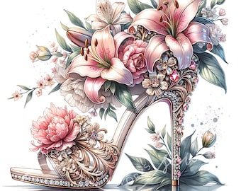 Clipart floral talon haut : chaussures de bal aquarelle (téléchargement numérique)