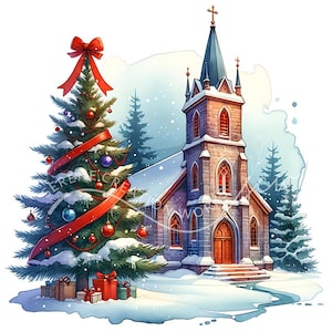 Christmas Church Clipart 10 Watercolor JPG Church Christmas Tree Winter Printable Clipart, Xmas Christmas Paper Craft, Junk Journals