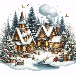 Clipart del villaggio di Natale 10 Acquerello JPG Città invernale accogliente, Casa delle vacanze stravagante, Scena invernale festosa, Clipart del villaggio delle vacanze festose