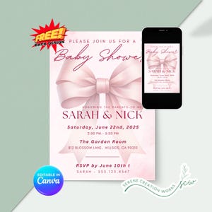 Pink Bow Baby Shower Invitation: Watercolor Ribbon, EDITABLE Canva (Digital Template)