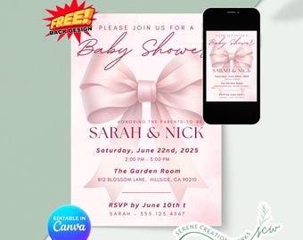 Puede incluir: Una invitación a un baby shower con un gran lazo rosa. La invitación incluye los nombres "Sarah & Nick", la fecha, la hora y el lugar. Un smartphone muestra el diseño de la invitación. La invitación es editable en Canva.