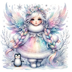 Gnomos de hadas con copos de nieve de invierno, clipart 10 acuarela JPG, gnomos de invierno pastel, arte imprimible de invierno, gnomos de alas de hadas pastel, clipart de copos de nieve