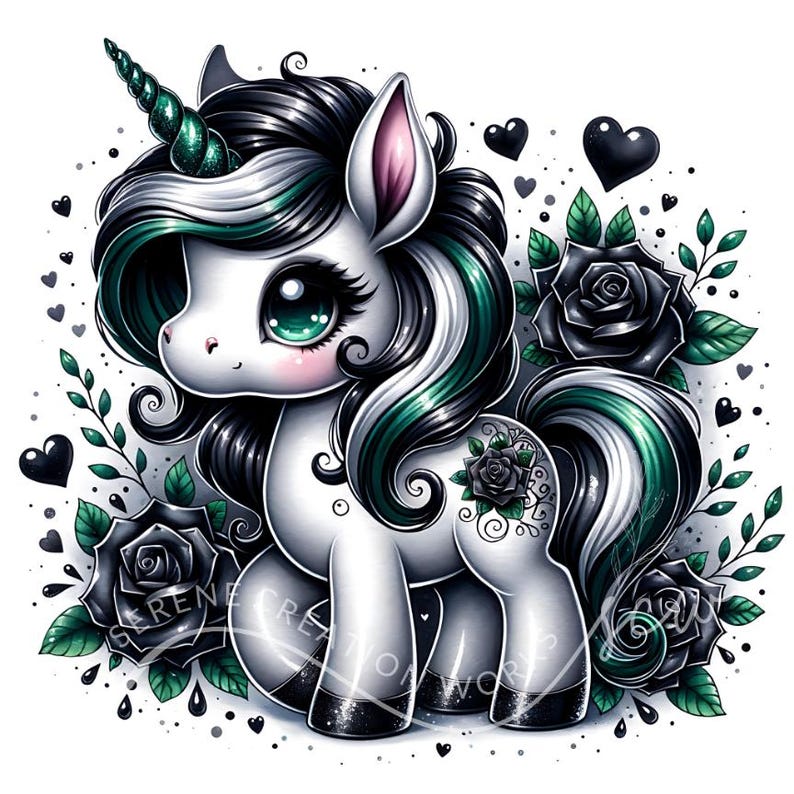 green-gothic-unicorn-clipart-watercolor-floral-art-digital-download