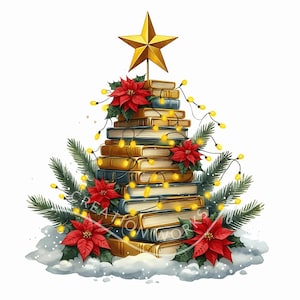 Christmas Book Tree Clipart 10 Watercolor JPGs Christmas Gift For Teachers,School,Junk Journal,Scrapbooking, Book Lovers, Bookworm Christmas