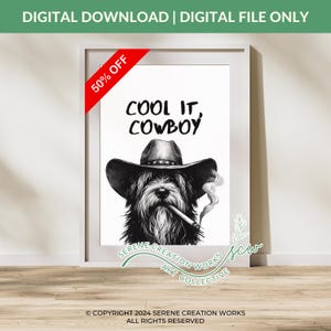 Cool It Cowboy Dog Black Art Print, Vintage Art, Retro Print, Blue Wall Art Dog, Western Dog Print, Trendy Decor, Digital Download, Dog Art