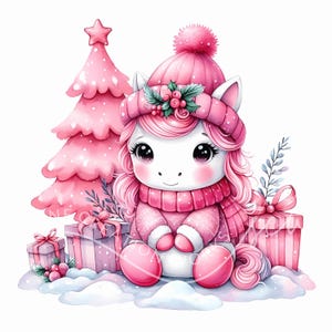 Adorable Unicorn Christmas Clipart 10 Watercolor JPG Girly Christmas Clipart, Unicorn Clipart, Pink Winter Christmas, Cute Unicorn Clipart