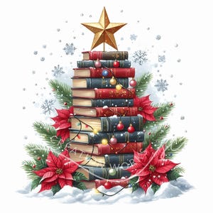 Christmas Book Tree Clipart 10 Watercolor JPGs Christmas Gift For Teachers,School,Junk Journal,Scrapbooking, Book Lovers, Bookworm Christmas